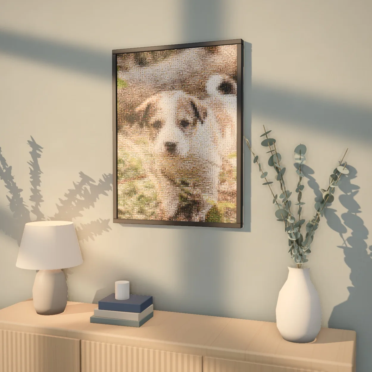 Photo mosaic of a puppy on a grey-green wall