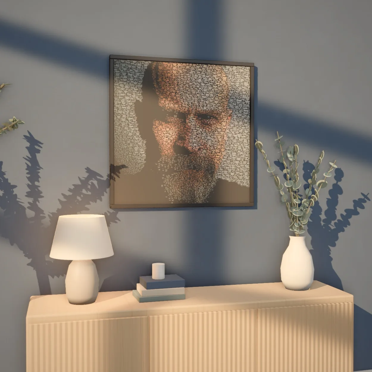 Word art portrait of a bearded man on a navy wall