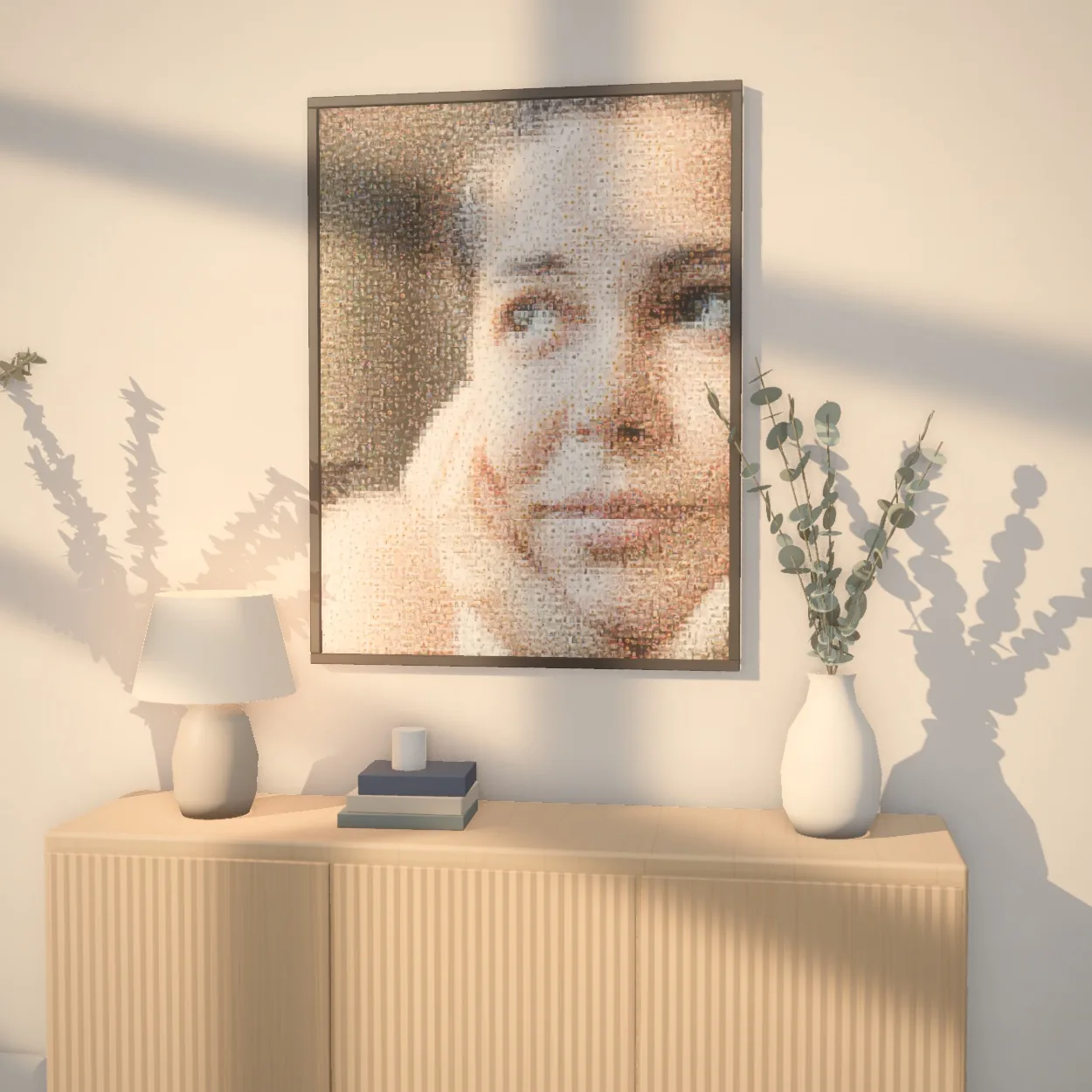 Photo mosaic portrait framed above a sideboard in a sunlit room